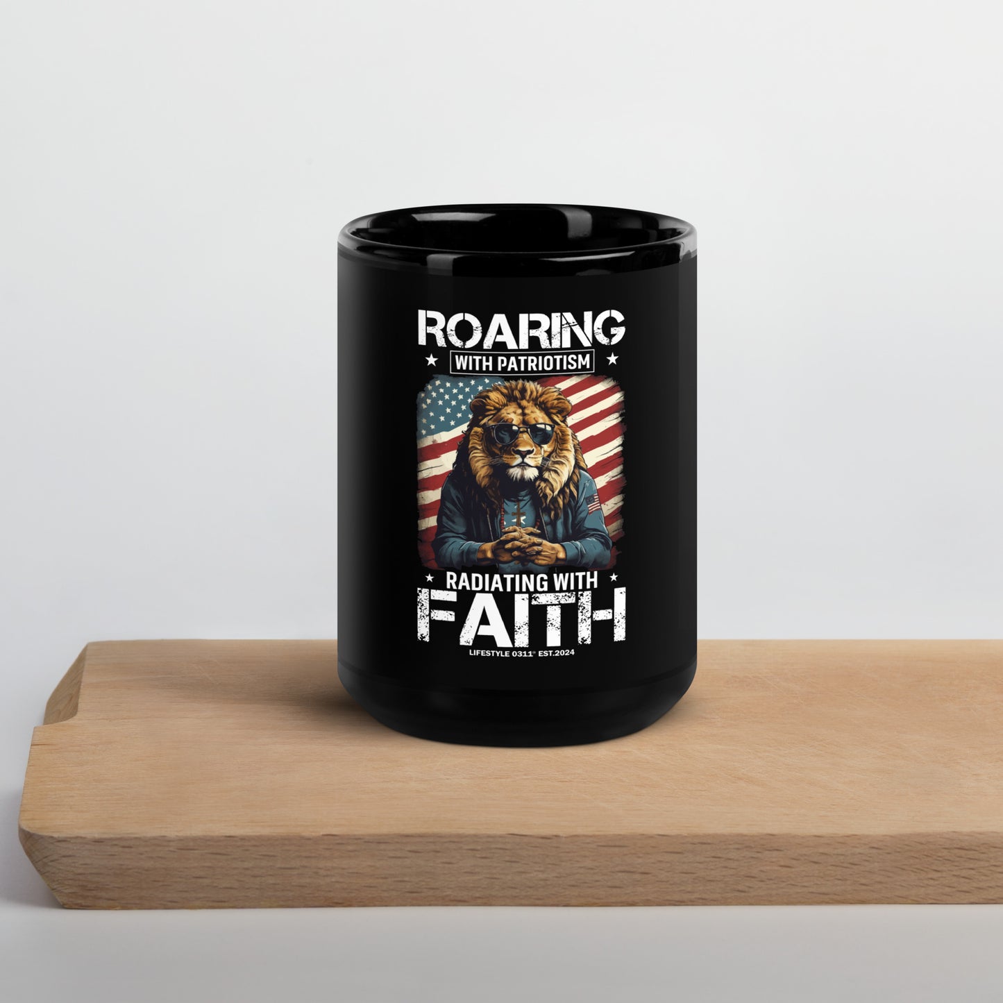 Roaring in Patriotism and Faith Black Glossy Mug